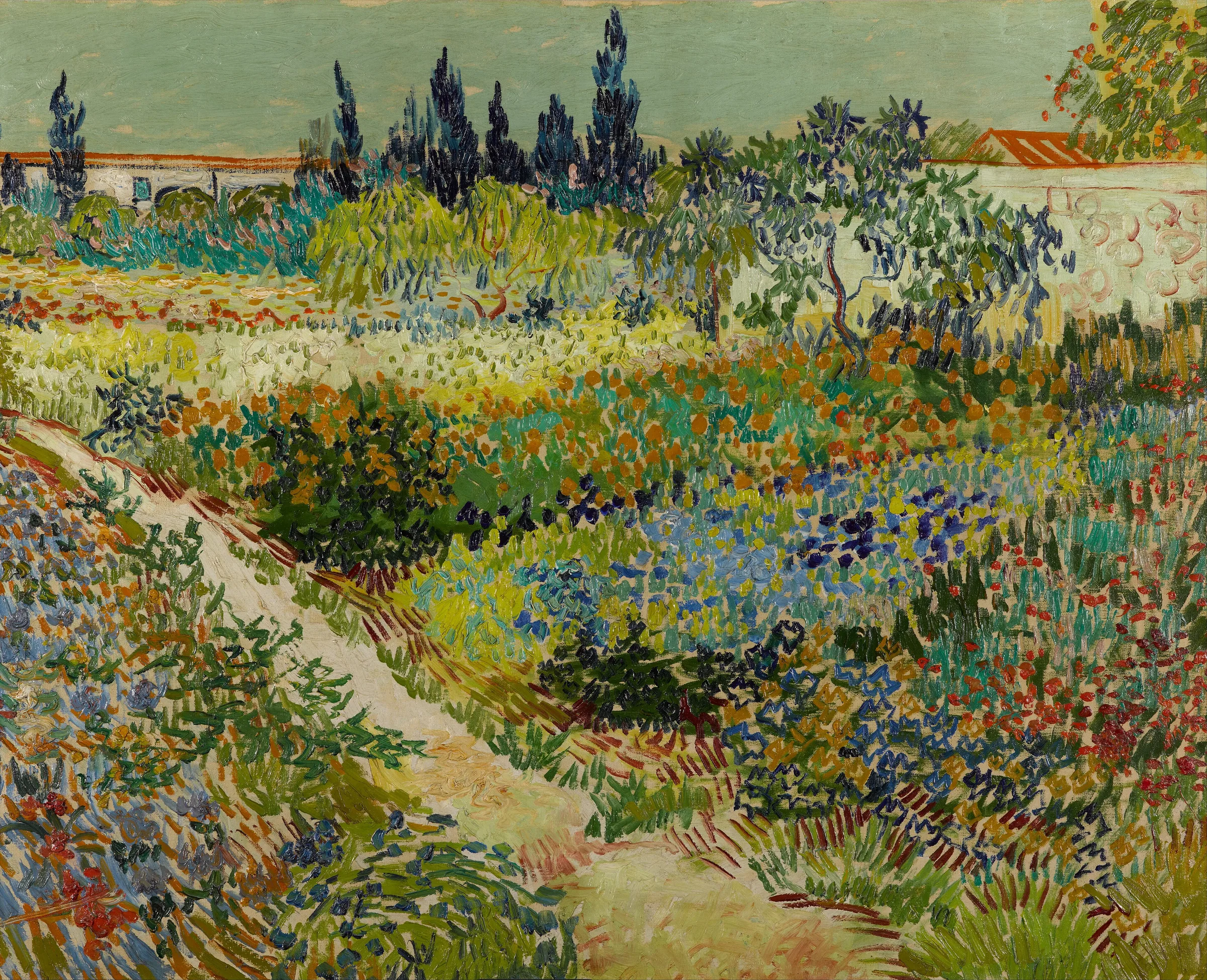 A tangled summer garden in green, sienna and warm sand with dark trees behind
