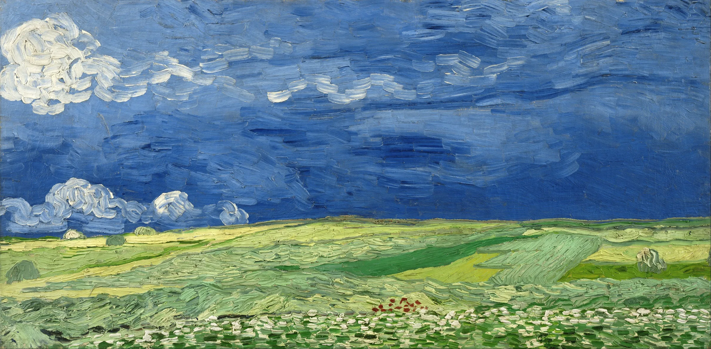 A wide field under a low, moving band of storm-grey and pale blue light