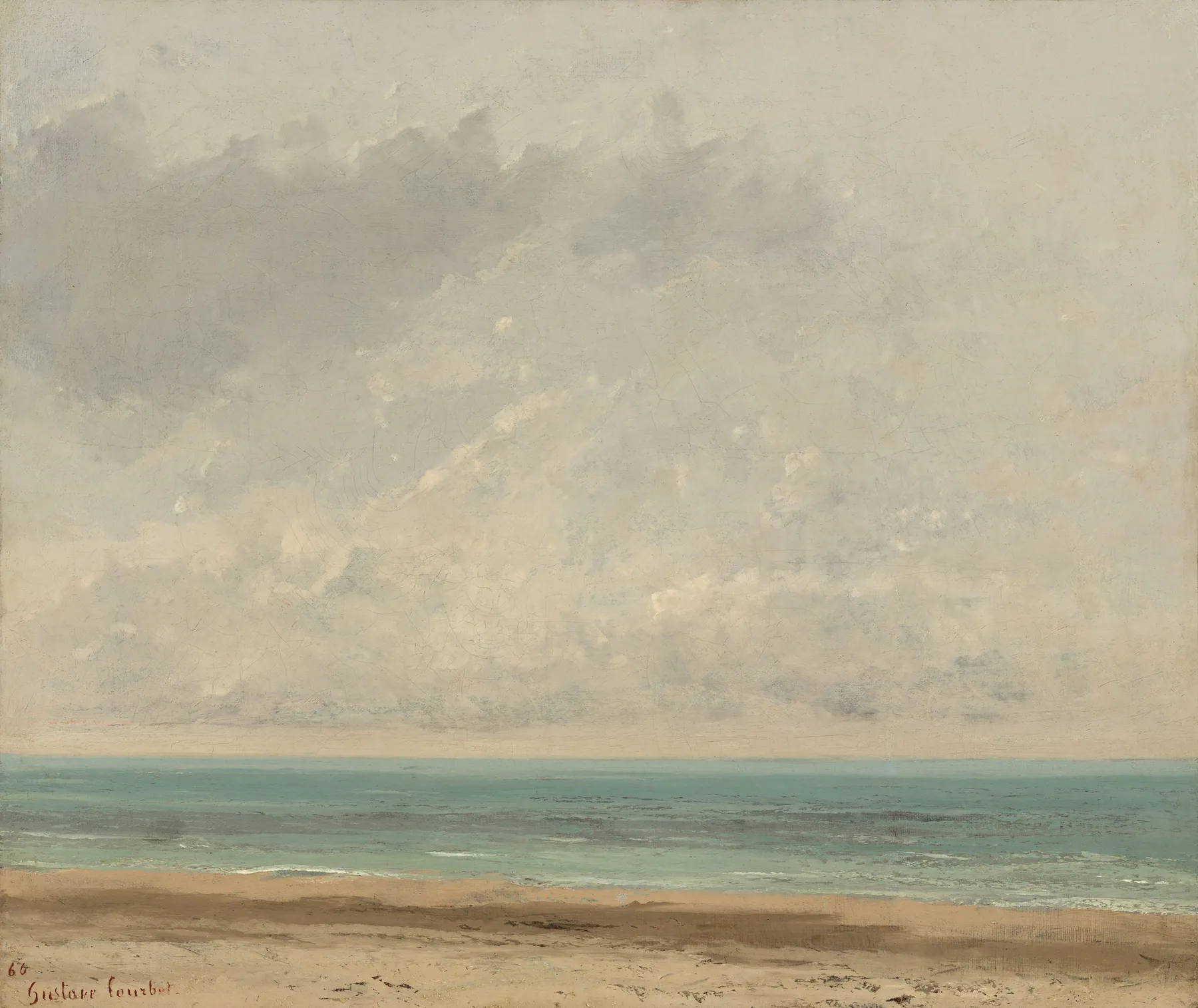 A still sea meeting a wide, quiet sky in muted greys and blues