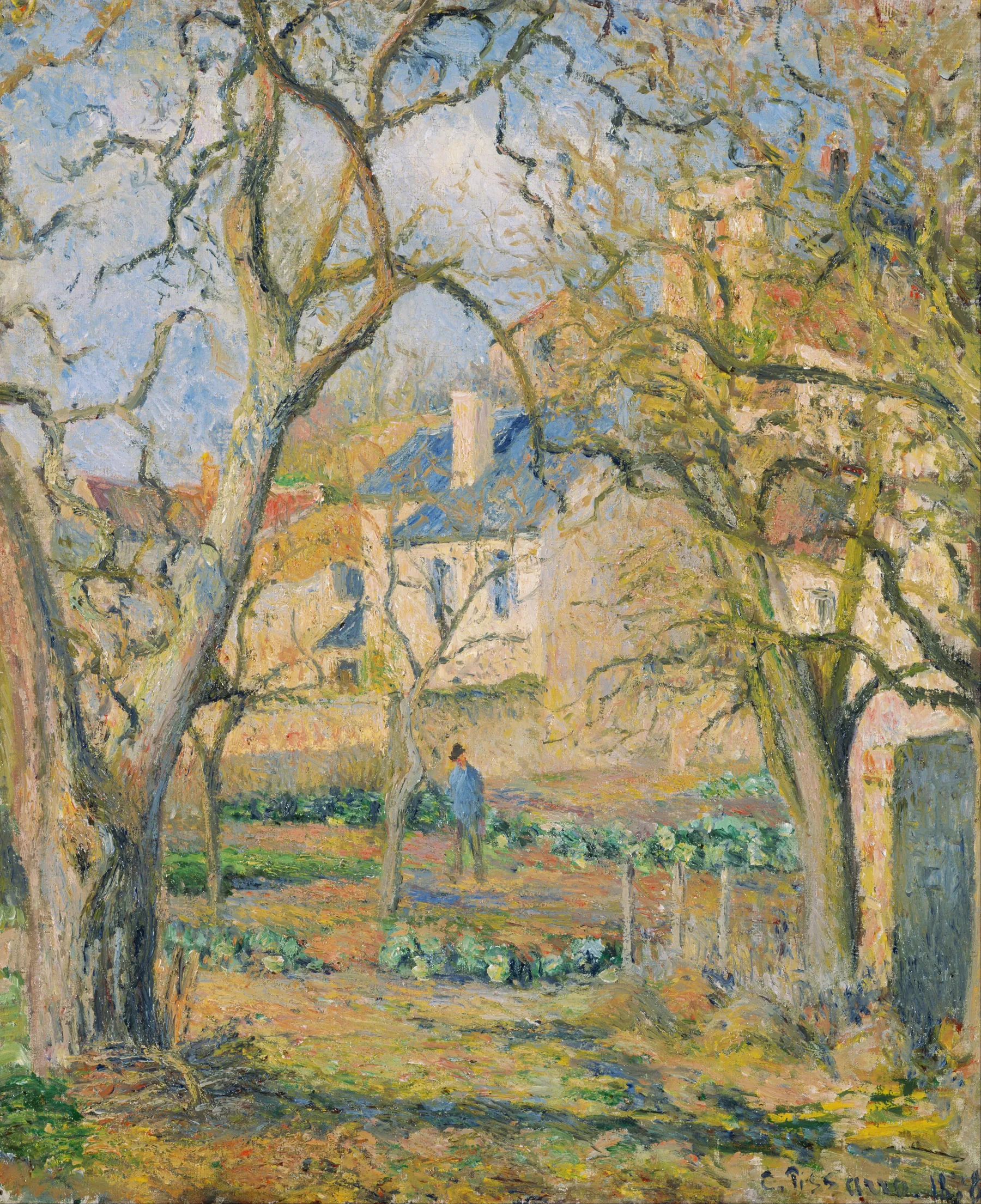 A kitchen garden in soft greens and earth tones under an open sky